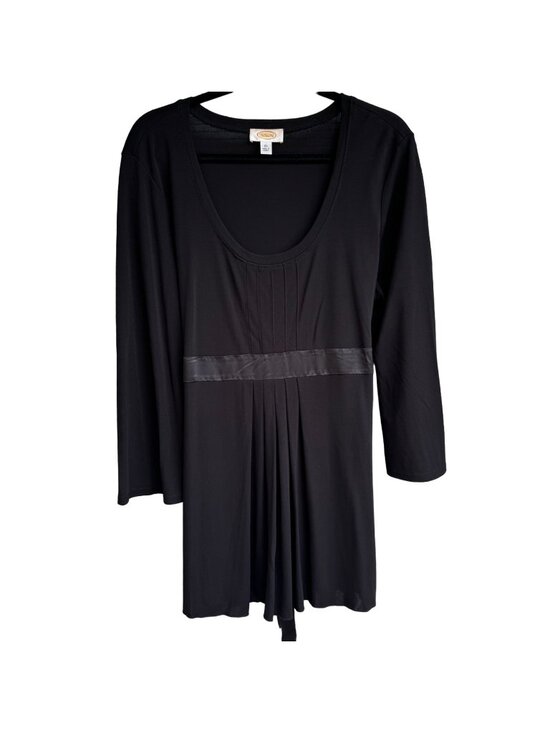 Talbots Tops - Talbots Black Tunic Top XL Long Sleeve Ribbon Belt & Pleated Deep Scoop Neck New